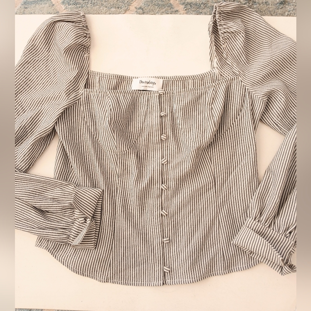 THURSDAYS and every other day" PinstripedStriped Black and White  Blouse SZ Med - Picture 3 of 16
